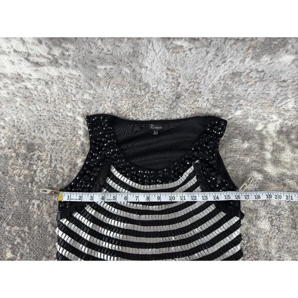Heaven Sz 8 Beaded Sleeveless Stripes Sheath Knee Length Dress Black Silver Mesh - Picture 6 of 11